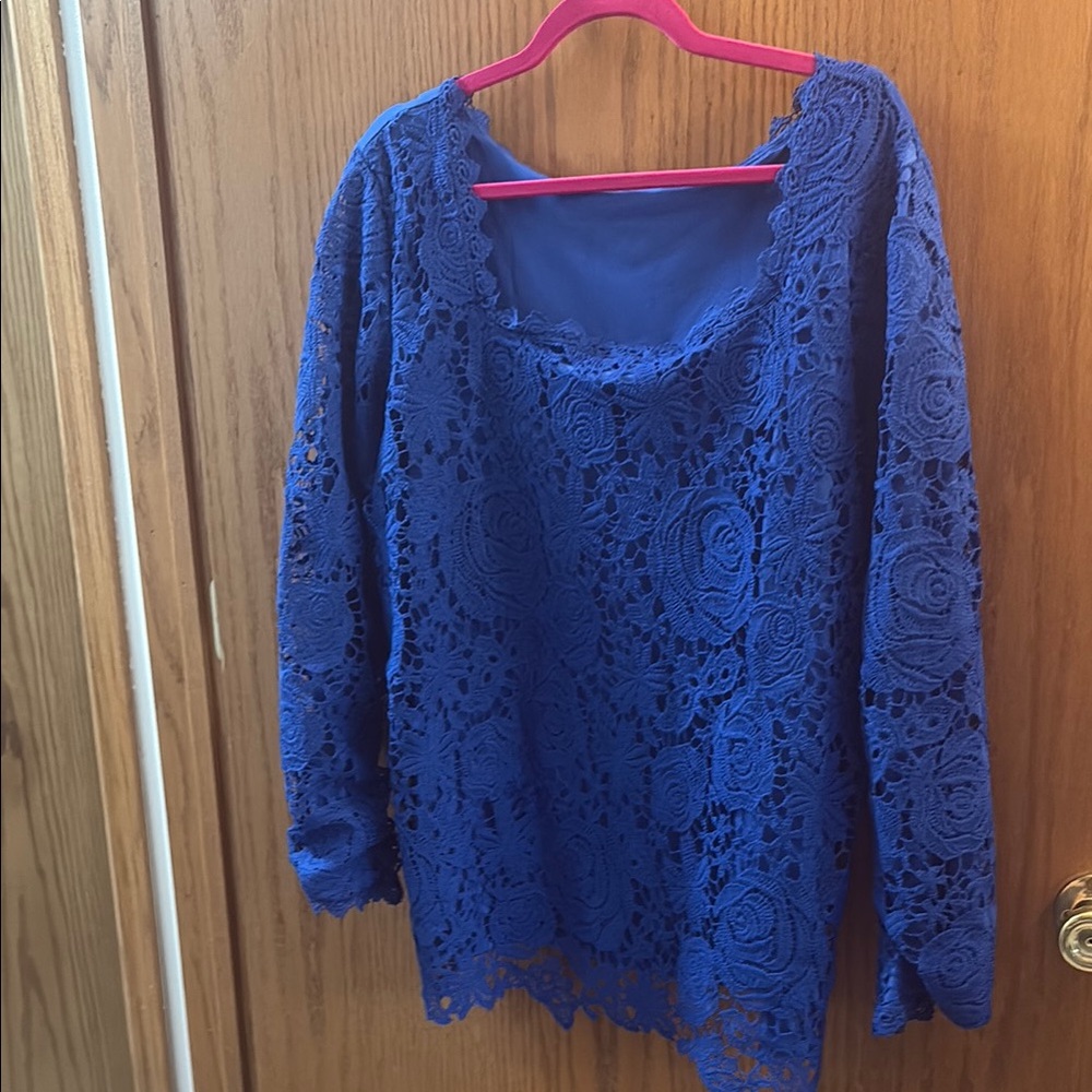 Elegant Blue Lace Long Sleeve Blouse